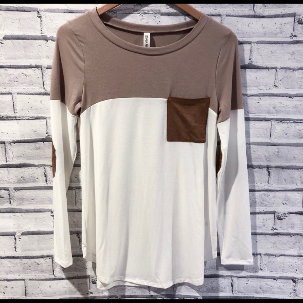 New! Taupe White Pocket Elbow Patch Top Tee Shirt - Picture 2 of 2